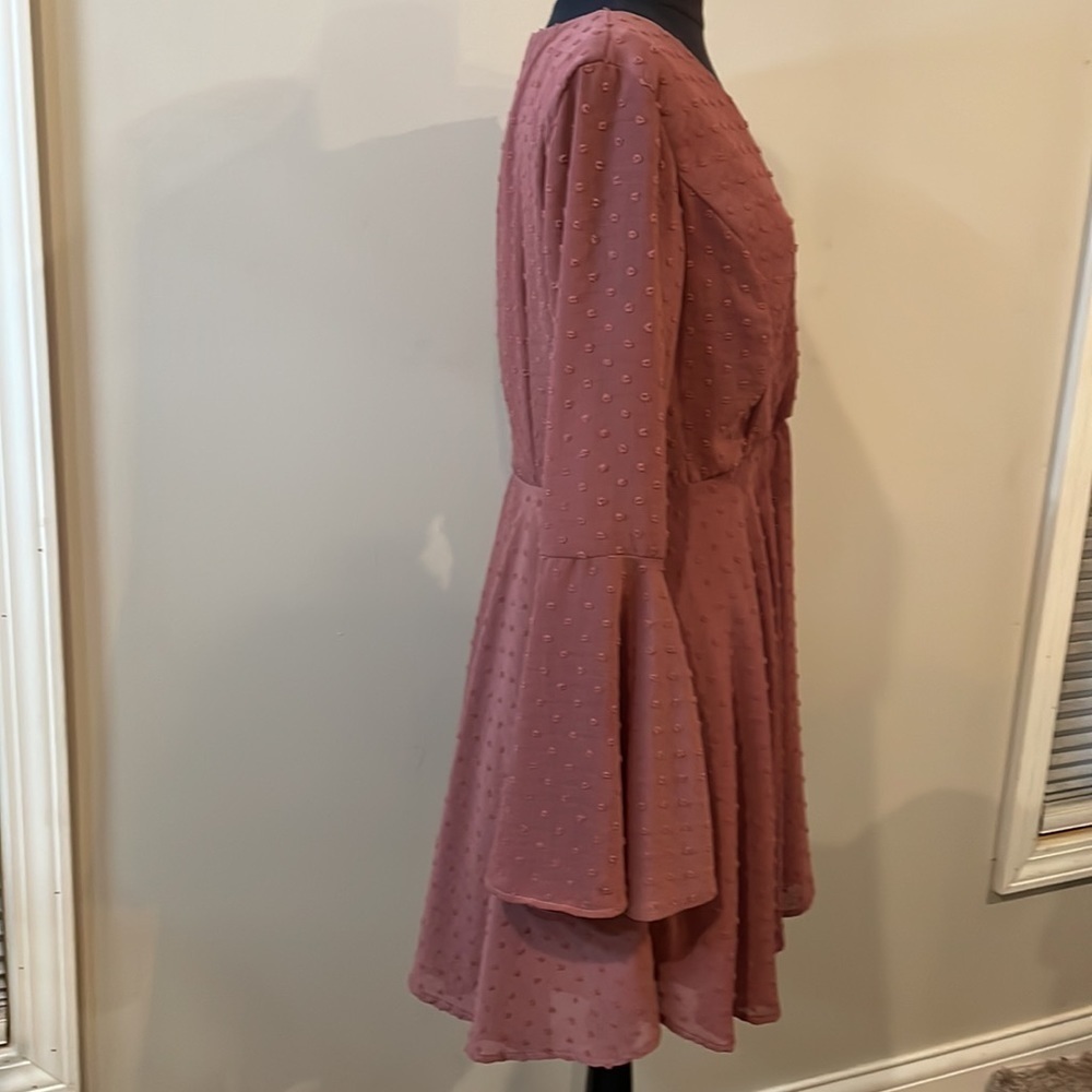 Altar’d State “Gigi” Dress. Chiffon Dots Sheath Dress W/Bell sleeves. Berry - Picture 5 of 12
